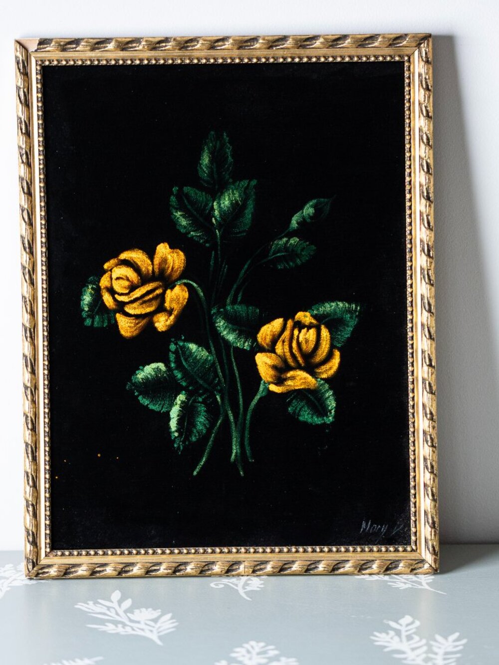 Vintage Black Velvet Painting Yellow Roses Gold Frame Floral Wall Art Cottagecor